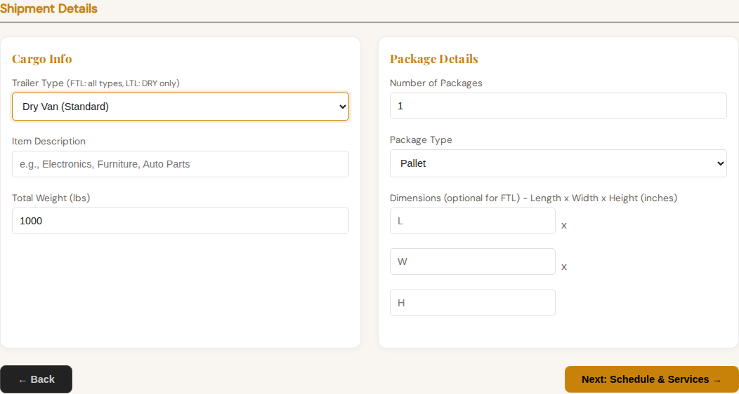 FTL cargo step with trailer and shipment detail inputs.
