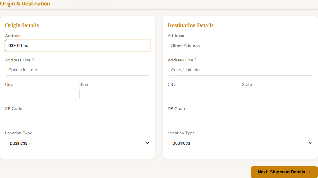 Geoapify address suggestions visible while typing origin details.