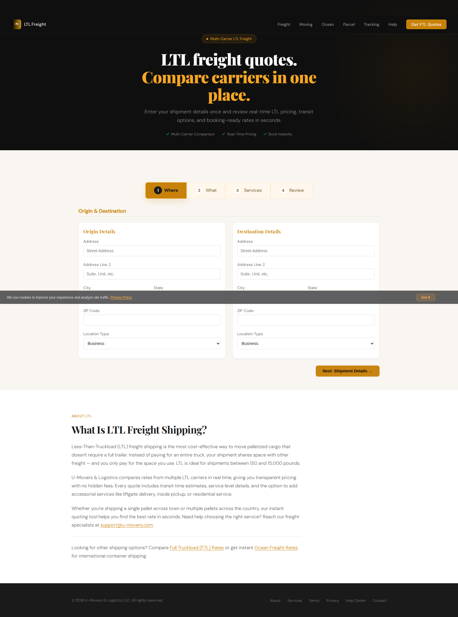 LTL quote entry hero with trust row and first wizard panel.