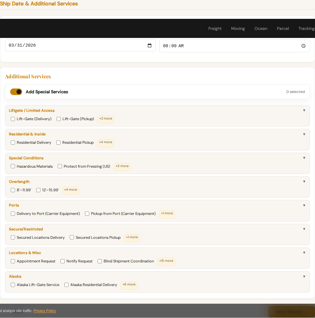 LTL services panel with grouped accessorial controls expanded.