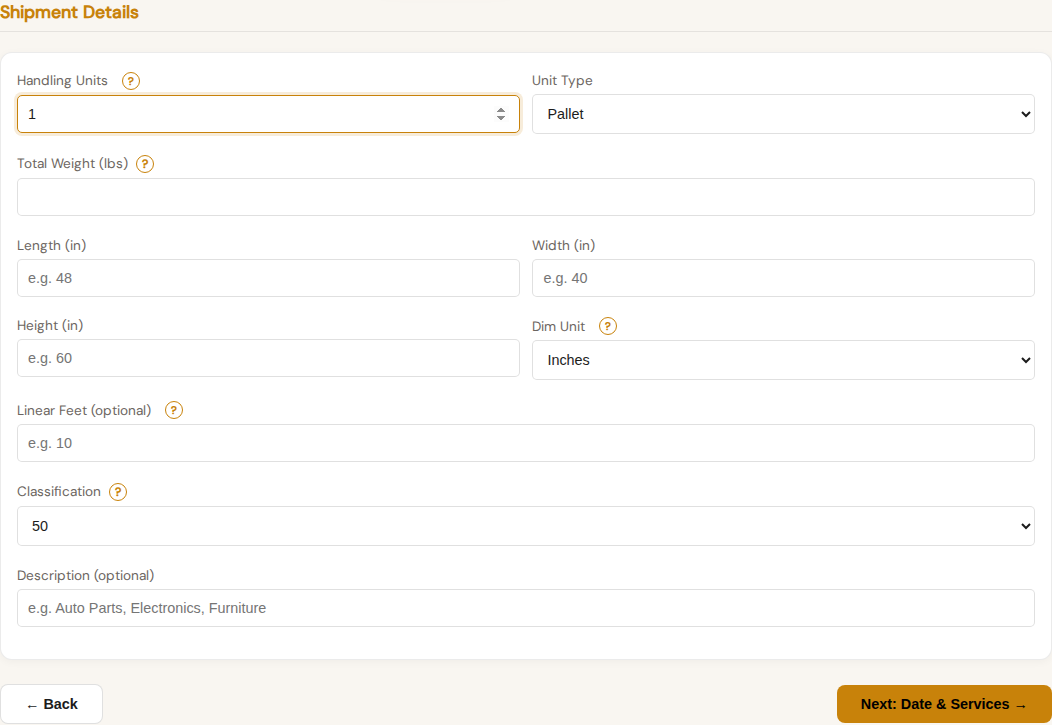 LTL shipment details step with handling units, weight, class, and description.