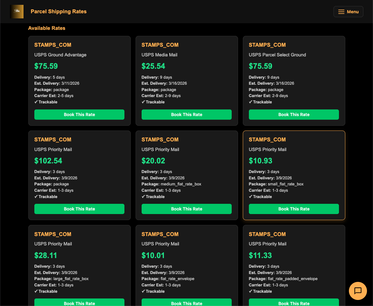 Parcel Quote Results