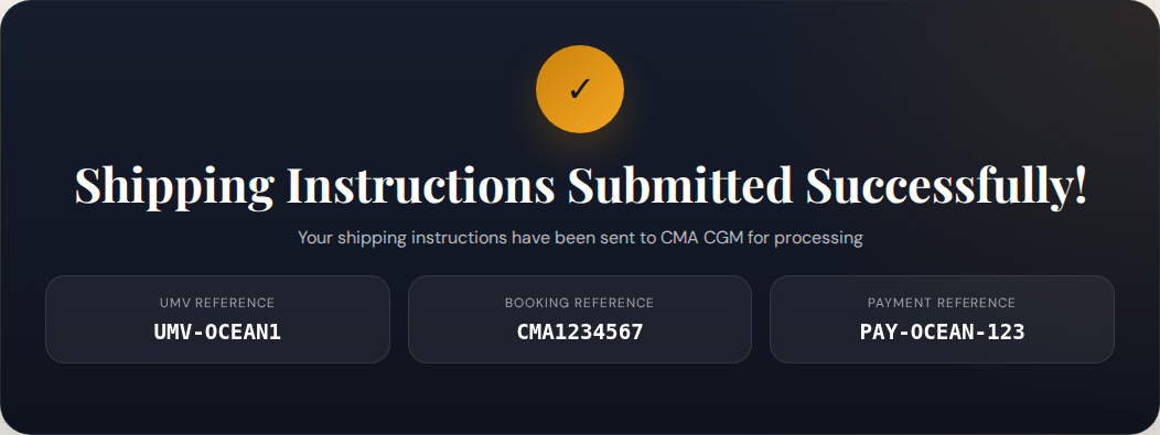 Ocean summary success banner with submission references visible.