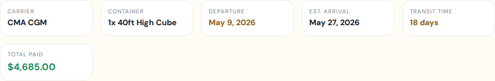 Ocean shipment summary section with route and container details.
