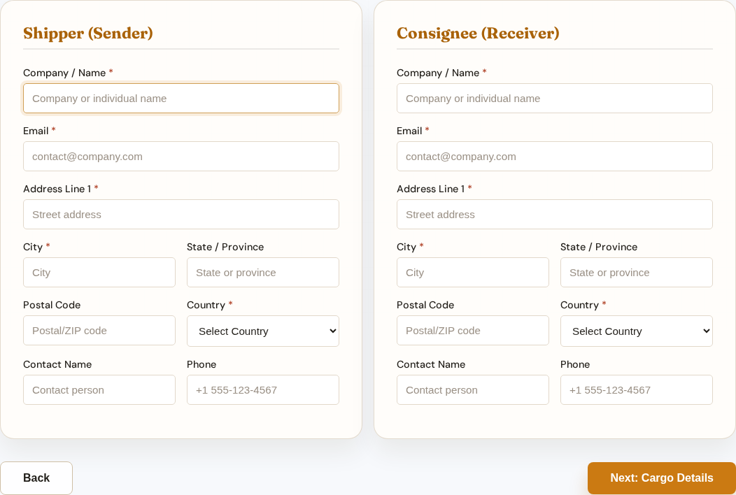 Ocean booking contacts panel with shipper and consignee forms.