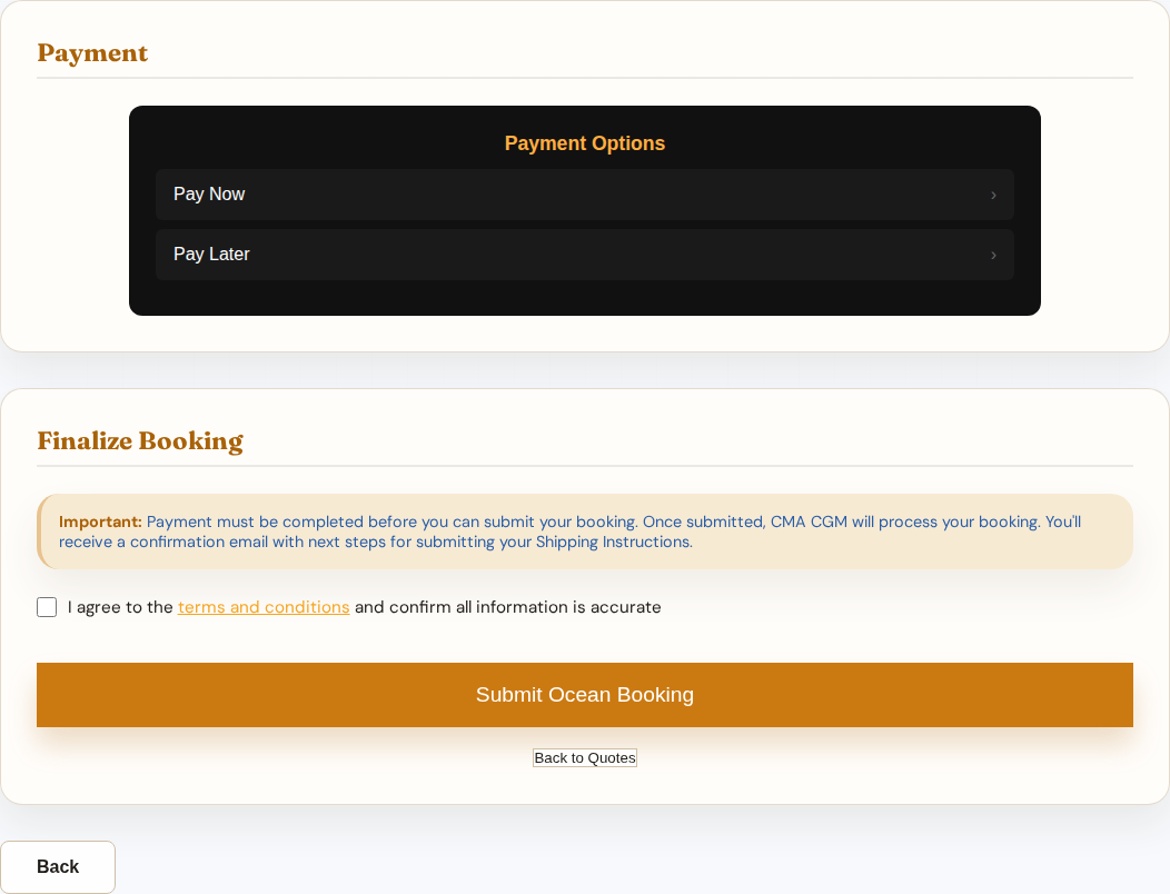 Ocean booking payment panel with disabled submit state.