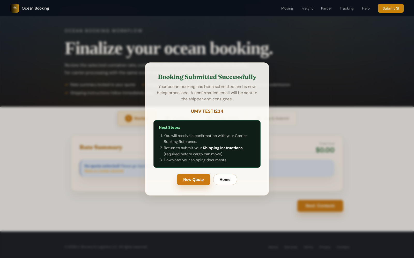 Synthetic booking success overlay for documentation.