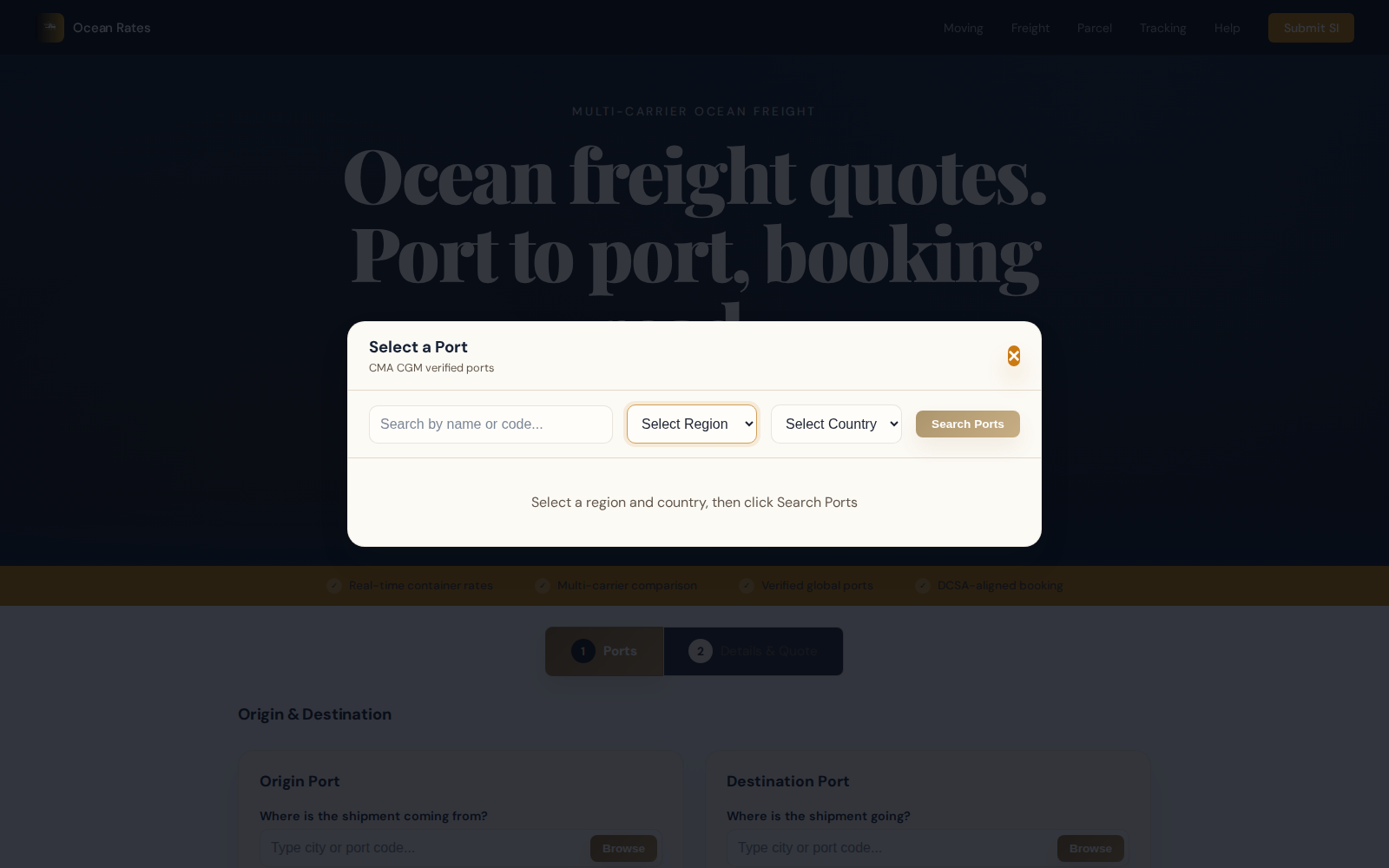 Port browser modal with filters and port cards.