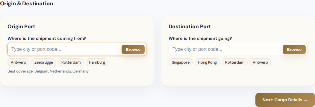Blank ocean quote wizard with port and container inputs.