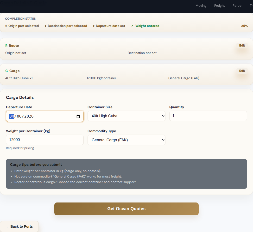 Ocean quote cargo details step.