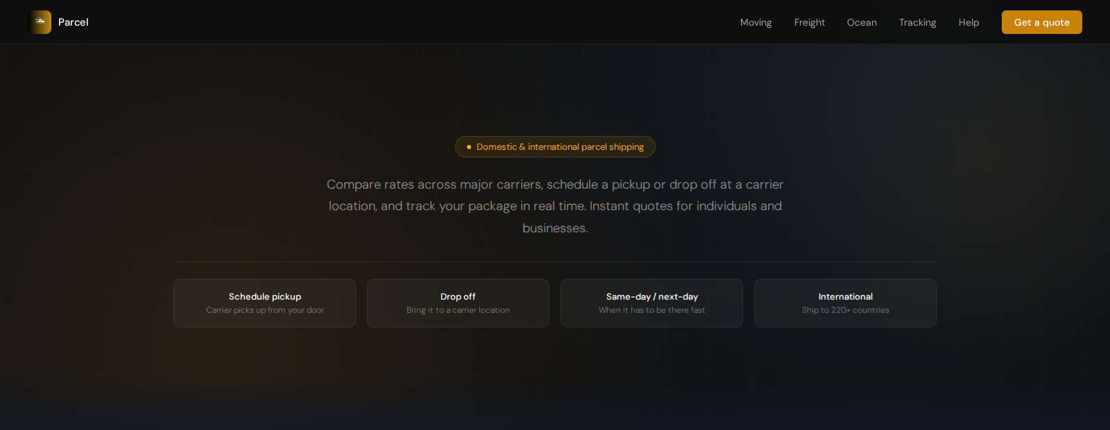 Parcel quote hero with feature cards and trust strip.