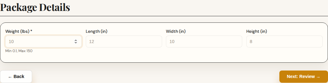 Parcel package details step with weight and dimensions.