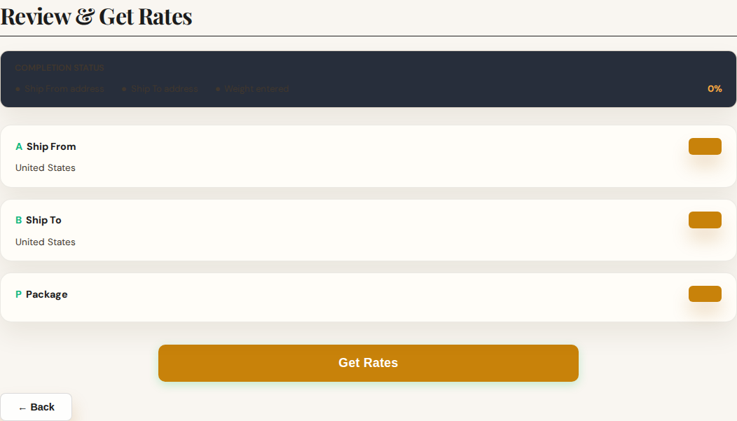 Parcel review step before rates are requested.