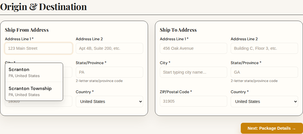 Parcel city autocomplete suggestions open for origin city.