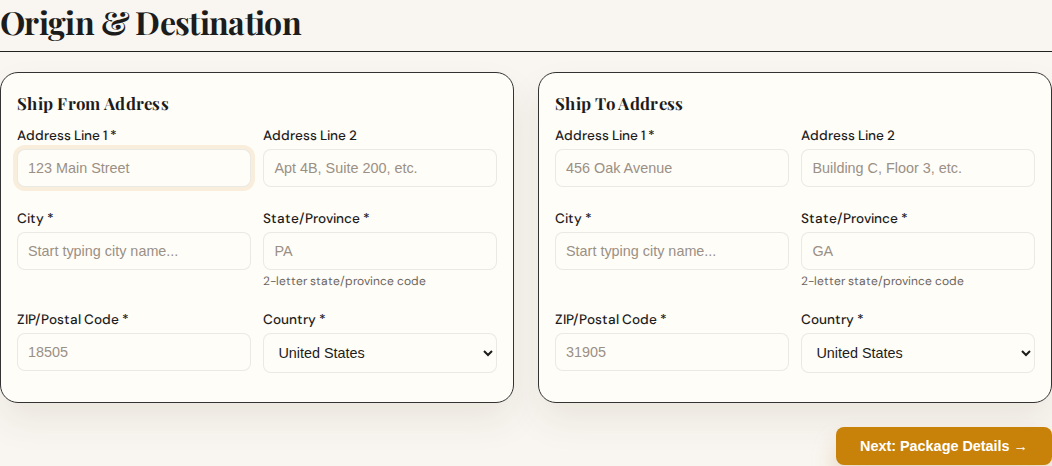 Empty parcel origin-and-destination step.