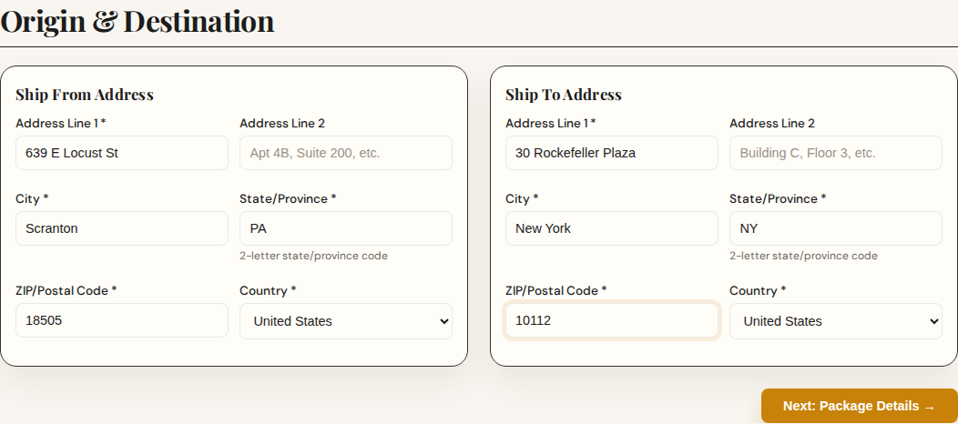 Parcel step 1 with both address cards fully populated.