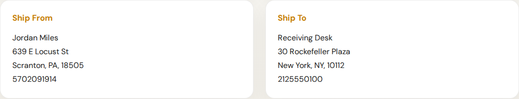 Parcel ship-from and ship-to cards.