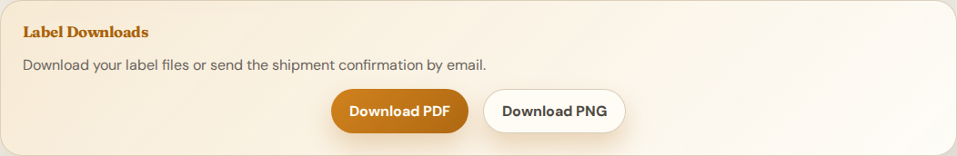 Parcel download section with PDF and PNG label links.