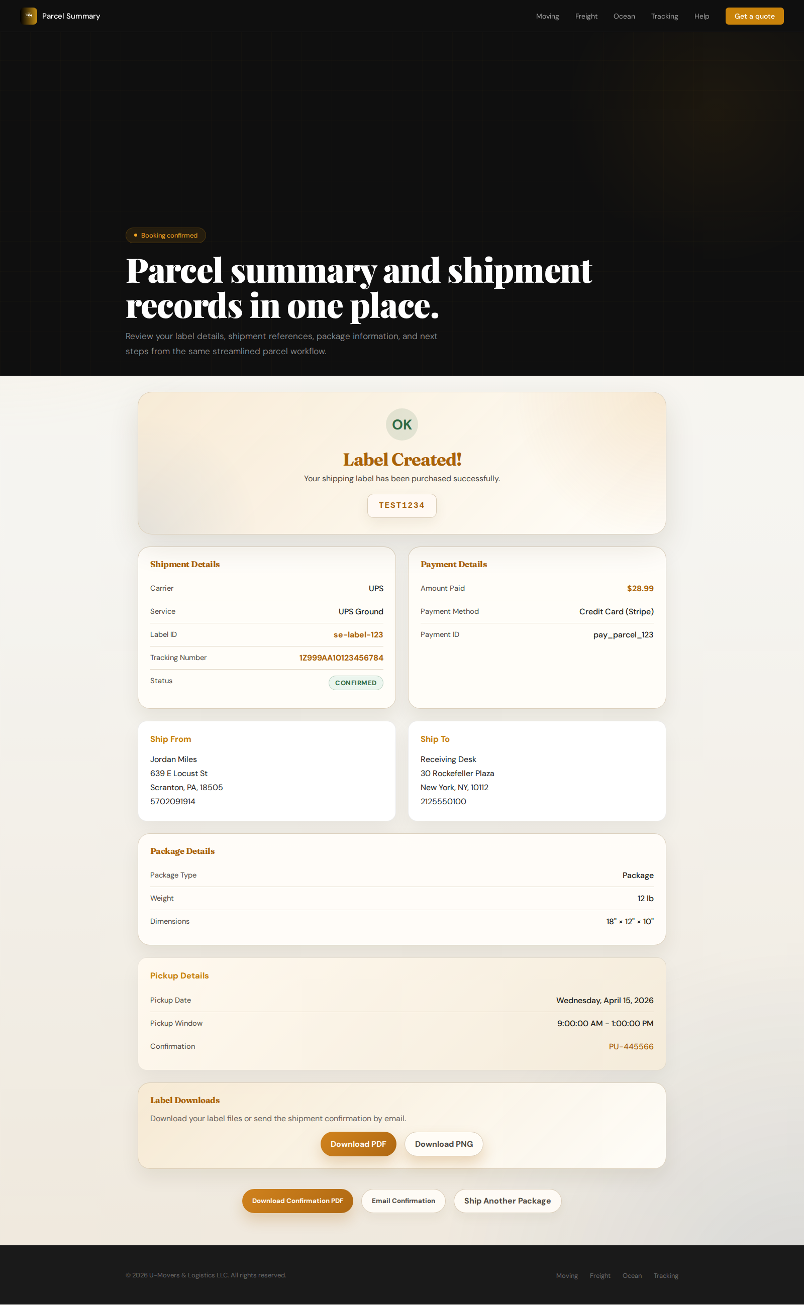Full parcel summary page with pickup and download sections visible.