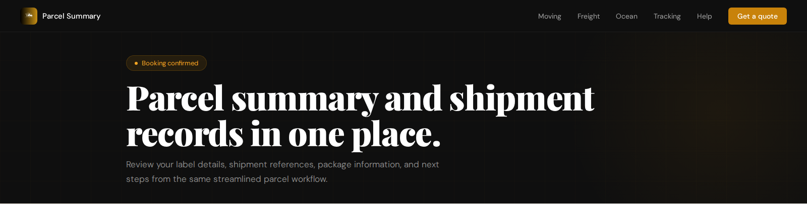 Parcel summary hero above the populated shipment record.