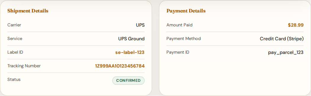 Parcel summary overview with the success banner and top record cards.