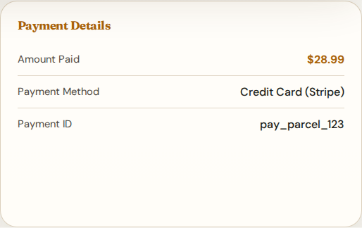 Parcel payment card with paid amount and method.