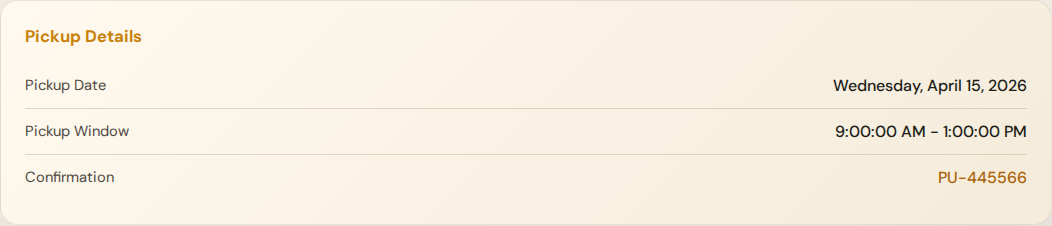 Parcel pickup details shown for a pickup-mode shipment.