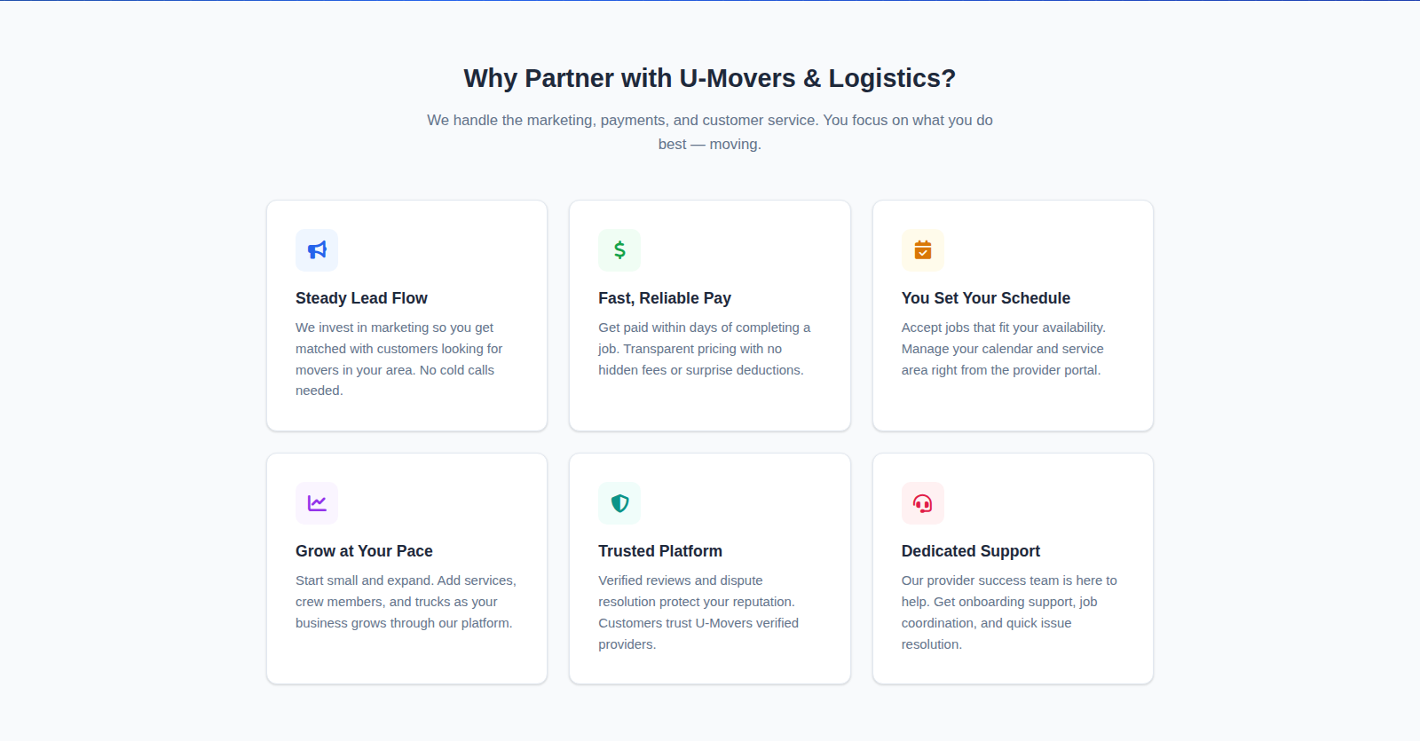 Provider landing value proposition grid for partner benefits.