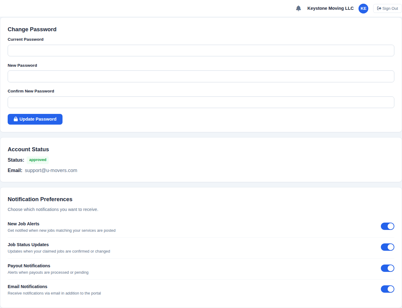Settings panel with password update and notification preferences.