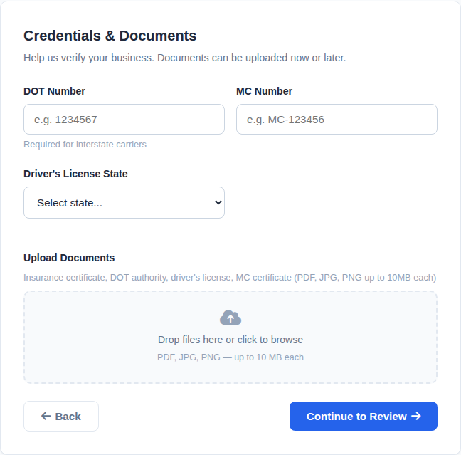 Credentials and documents step in the provider application flow.