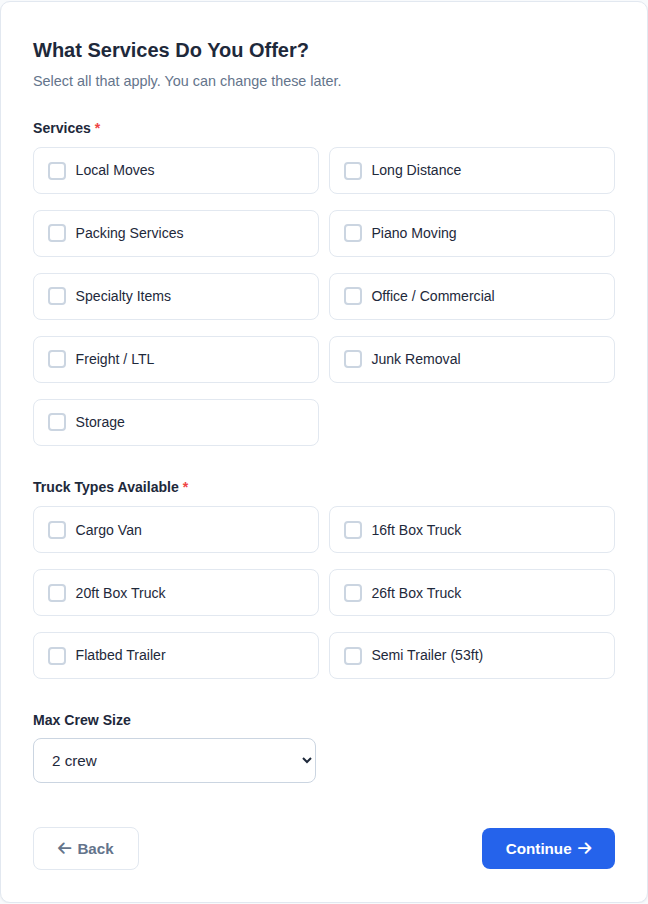 Services and truck types step in the provider application flow.